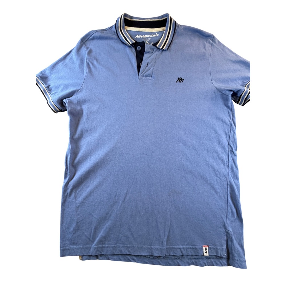 Aeropostale Mens Blue A87 Logo Striped Trim Short Sleeve Polo Shirt Medium